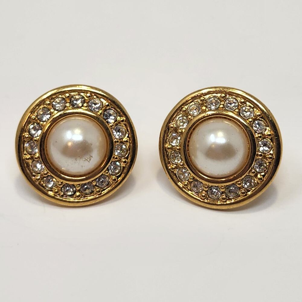 Napier Gold Tone Faux Pearl Crystal Round Button Clipon Earrings Vintage Jewelry
